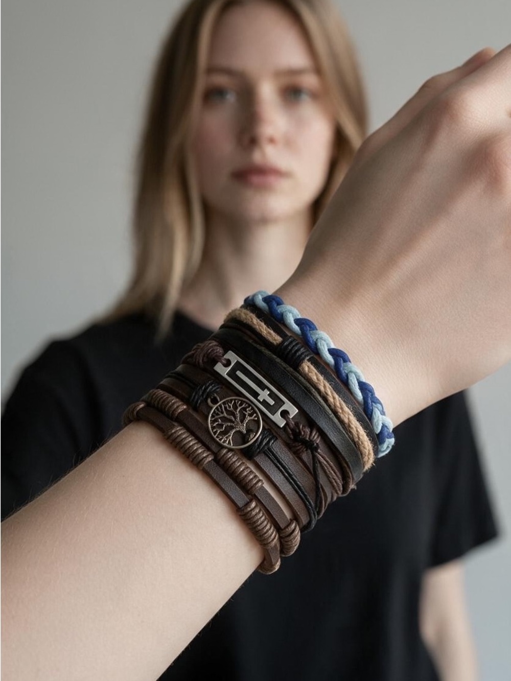 11/4 Brown & Blue Layered Leather Bracelets Stack